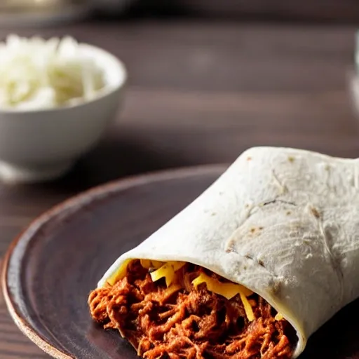 A tinga de setas burrito seen in close-up, split in half showing its tinga de setas filling with refried beans and white rice, served on a wooden plate, on the left side a jar with red sauce, Hyper-realistic, Render, Detailed, Food