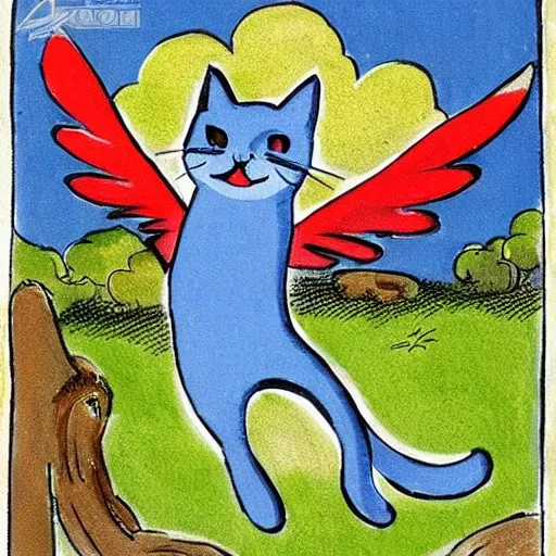 , Cartoon, flying cat with blue wings