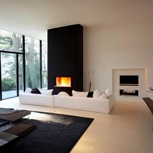 Modern and minimalist interior design with a nice fireplace in the living room