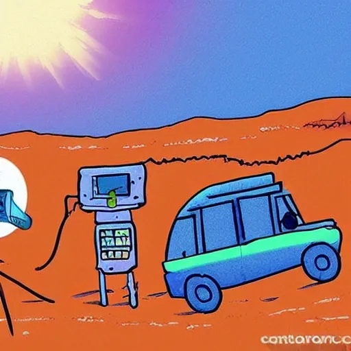 Una imagen de un transformador electrico en el desierto, Cartoon