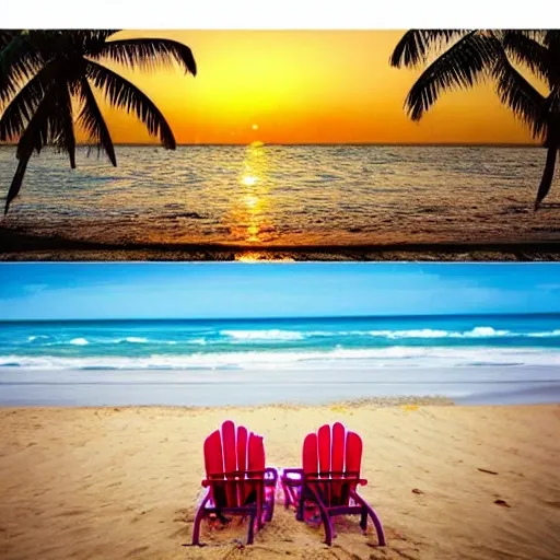 Generate an image in a realistic style depicting a tropical beach at sunset. The image should include the following elements: calm waters reflecting the colors of the sunset sky, palm trees with fronds gently swaying in the breeze, beach chairs and umbrellas on the sand, and maybe some seashells or a beach ball. The overall mood of the image should be tranquil and serene, inviting the viewer to imagine themselves relaxing on the beach and enjoying the beauty of nature.