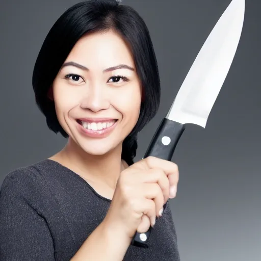 photo realistic picture of an asian woman holding a knife at us