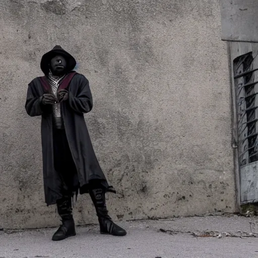  black  African medieval vampire standing on the street stalking his next target  