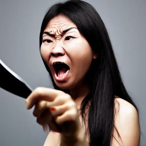 photo realistic picture of an angry asian woman holding a knife at the camera, detailed and sharp