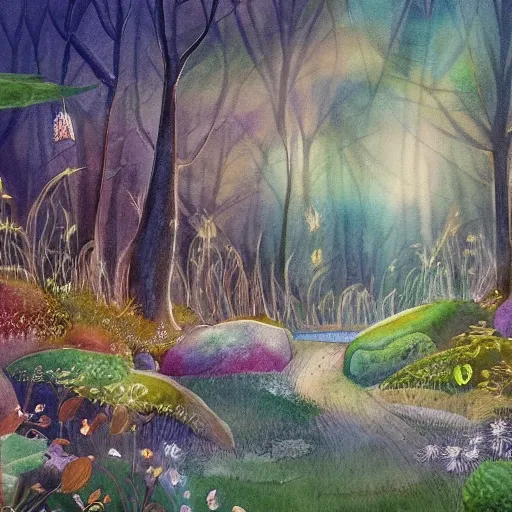 An illustration of a magical forest, with a watercolor style, warm color palette, and whimsical details. The forest should feel alive and full of movement, with the leaves and grasses swaying in the breeze. The fireflies should be bright and twinkling, leading the way through the forest. The castle should be partially hidden by the mist, but still visible enough to capture the viewer's attention