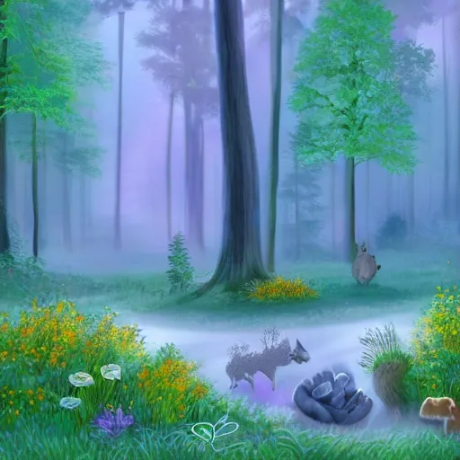 A digital illustration of an enchanted forest with a misty and dreamy atmosphere. The focus should be on a group of forest animals, such as rabbits, squirrels, and birds, playing together in the foreground. The background should be filled with tall trees and glowing plants. The overall color scheme should be pastel and soft, with a touch of warm yellow and green tones.