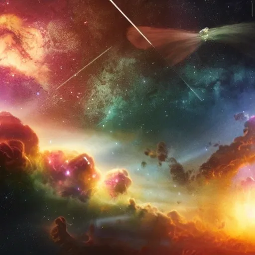 A stunning space scene with a spacecraft traveling through the cosmos, passing by galaxies and nebulas along the way. The scene should convey a sense of adventure, discovery, and wonder.