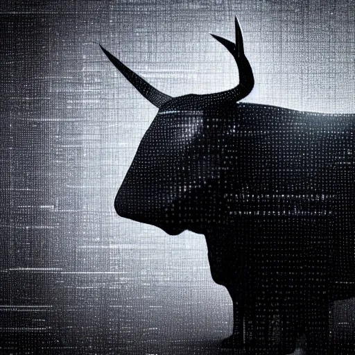  bull wearing mask covering half its face, dark background, matrix ascii rain style