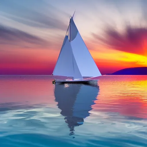 Digital illustration of a sailboat on calm ocean waters at sunse ...