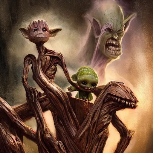 a dramatic highly detailed render of baby groot and baby yoda, boris vallejo biomechanical xenomorph, saturation, rusty shapes, too dark, thin waist, sitting on a bench, by Orazio Cos is and Christopher Heyerdahl, James Stokoe, Touhou Project, 3d, top down camera angle, oil painting!!!, art by ruan jia, britt marling style 3/4