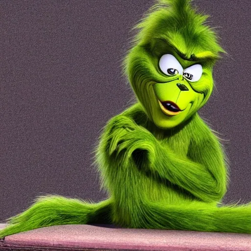 a dramatic highly detailed render of grinch, saturation, rusty shapes, too dark, thin waist, sitting on a bench