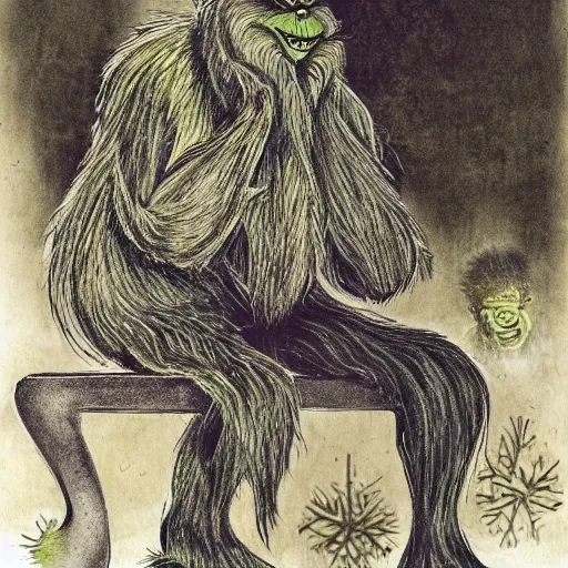 a dramatic highly detailed render of grinch, saturation, rusty shapes, too dark, thin waist, sitting on a bench