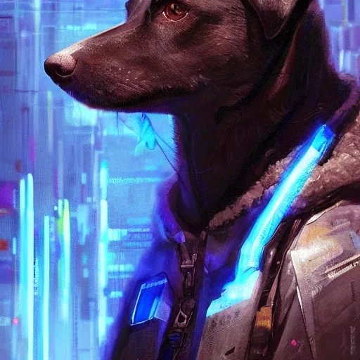 un hermoso retrato de un lindo perro cyberpunk por greg rutkowski y wlop, esquema de color azul púrpura, iluminación de alta clave, arte digital, muy detallado, detalles finos, intrincado, florido, complejo 