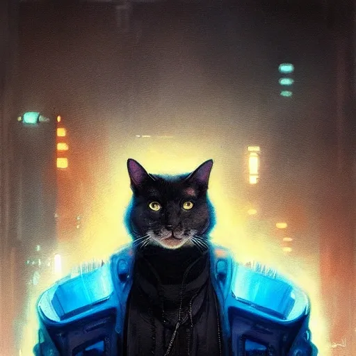 un hermoso retrato de un lindo gato cyberpunk por greg rutkowski y wlop, esquema de color azul púrpura, iluminación de alta clave, arte digital, muy detallado, detalles finos, intrincado, florido, complejo 