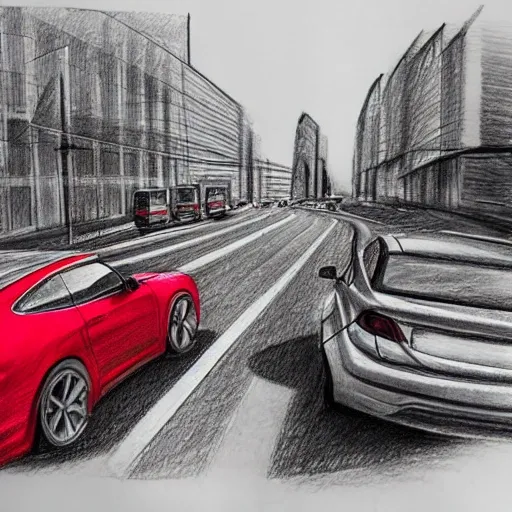 Two realistic beautiful red car, 4k resolution, hyper detailed. driving instructor and traffic student driving each car through city landscape. sunny outside. realistic., , Pencil Sketch