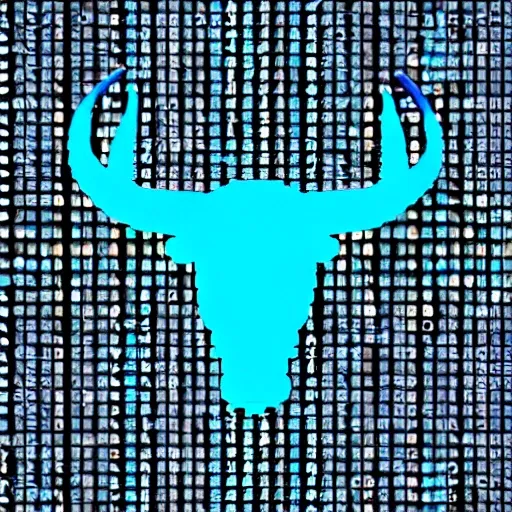 2 bull horns, realistic, matrix ascii style, digital blue light