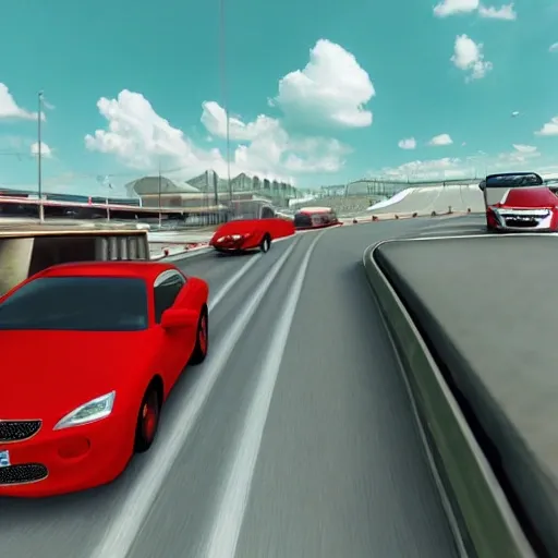 Two realistic beautiful red cars, 4k resolution, hyper detailed. driving instructor and traffic student driving each car through city landscape. sunny outside. realistic., 3D