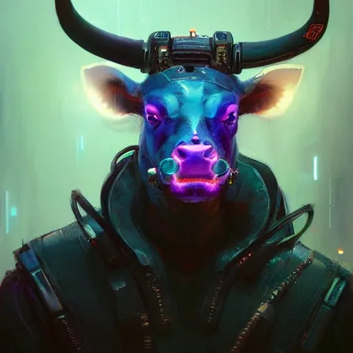 a beautiful portrait of a cute cyberpunk bull by greg rutkowski and wlop, purple blue color scheme, high key lighting, digital art, highly detailed, fine detail, intricate, ornate, complex