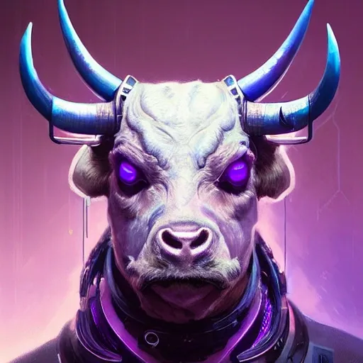 a beautiful portrait of a cute cyberpunk bull by greg rutkowski, purple blue color scheme, high key lighting, digital art, highly detailed, fine detail, intricate, ornate, complex