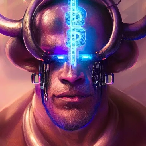 a beautiful portrait of a cute muscular cyberpunk bull wearing bitcoin necklace by greg rutkowski, purple blue color scheme, high key lighting, digital art, highly detailed