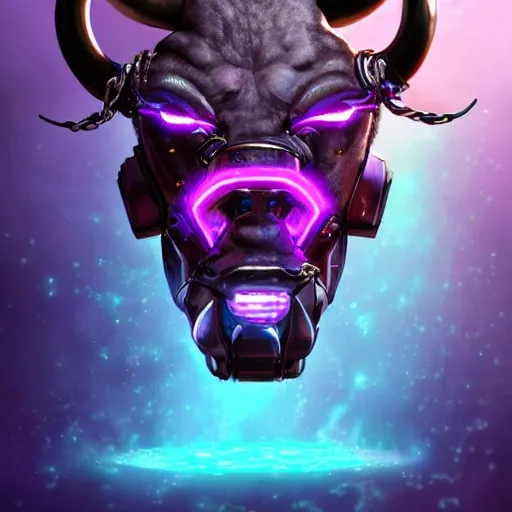 a beautiful portrait of a cute muscular cyberpunk bull wearing bitcoin necklace by greg rutkowski, purple blue color scheme, high key lighting, digital art, complex