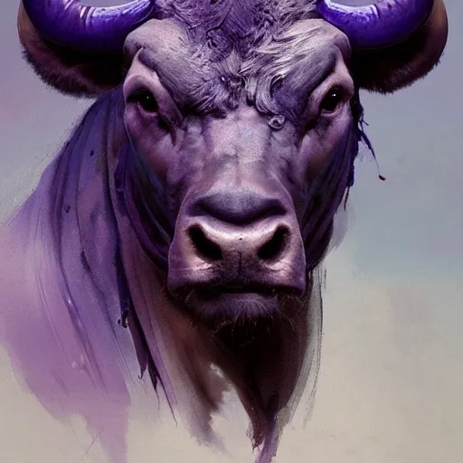 a beautiful portrait of a cute muscular bull by greg rutkowski, purple blue color scheme, high key lighting, digital art, highly detailed, fine detail, intricate, ornate, complex