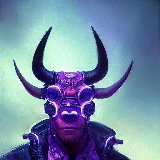 a beautiful portrait of a cute cyberpunk bull by greg rutkowski, purple blue color scheme, high key lighting, digital art, highly detailed, fine detail, intricate, ornate, complex