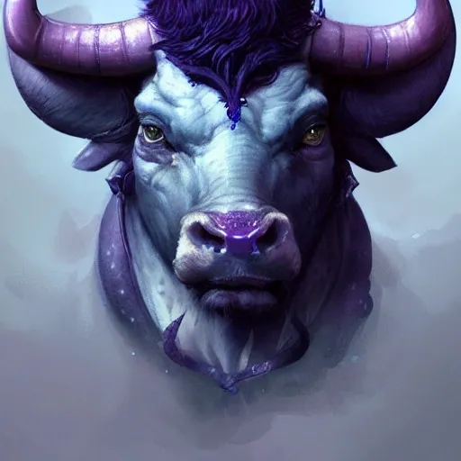 a beautiful portrait of a cute fantasy bull by greg rutkowski and wlop, purple blue color scheme, high key lighting, digital art, highly detailed, fine detail, intricate, ornate, complex