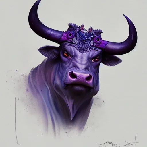 a beautiful portrait of a cute fantasy bull by greg rutkowski and wlop, purple blue color scheme, high key lighting, digital art, highly detailed, fine detail, intricate, ornate, complex