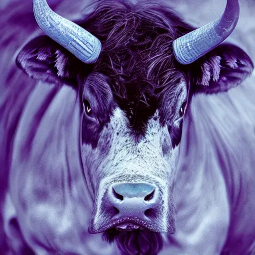 a beautiful portrait of a cute bull by  wlop, purple blue color scheme, high key lighting, digital art, highly detailed, fine detail, intricate, ornate, complex