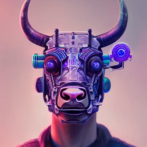a beautiful portrait of a cute cyberpunk bull by  wlop, purple blue color scheme, high key lighting, digital art, highly detailed, fine detail, intricate, ornate, complex
