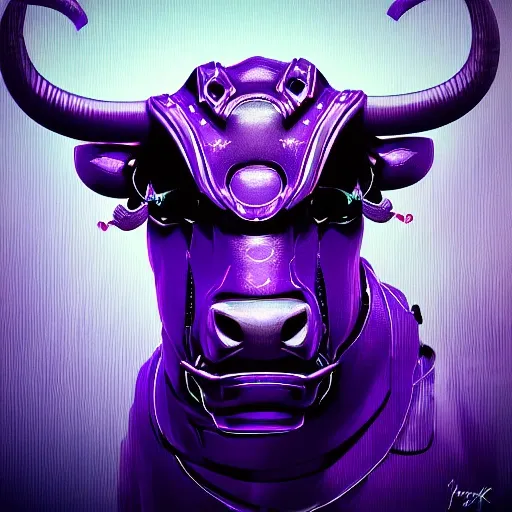 a beautiful portrait of a cute cyberpunk bull by  pixar, purple blue color scheme, high key lighting, digital art, highly detailed, fine detail, intricate, ornate, complex