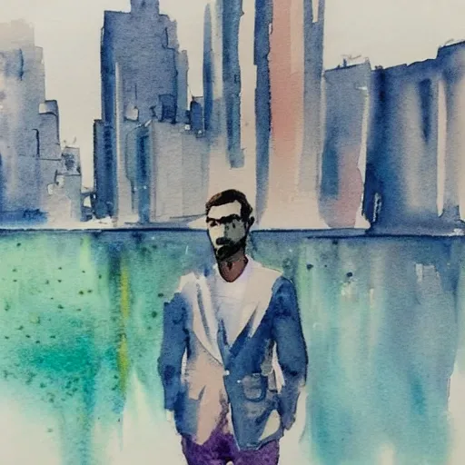 , Water Color, man portrait, city at night