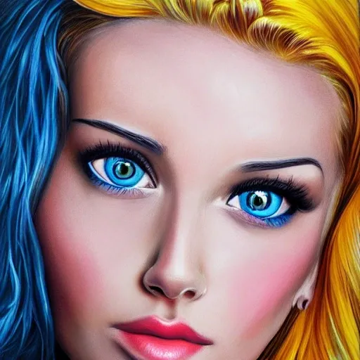 woman with lingerie, hyper realistic, detailed, light skin, blue eyes, yellow hair, inlove face, Cartoon, Oil Painting