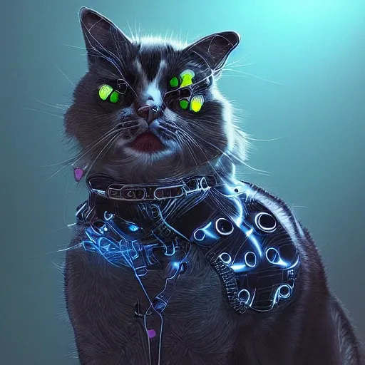 a beautiful portrait of a cute cyberpunk cat by Doug TenNeple and wlop, high key lighting, digital art, highly detailed, fine detail, intricate, ornate, complex , 3D, Trippy