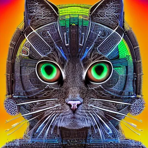 a beautiful portrait of a cute cyberpunk cat by Doug TenNeple, high key lighting, digital art, highly detailed, fine detail, intricate, ornate, complex , 3D, Trippy