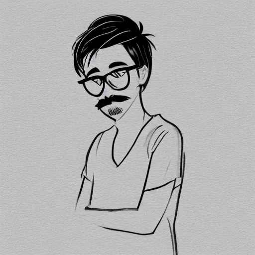 outline, vector, sea background, BREAK
 best quality, 1 boy, black hair, thin, mustache, wear glasses ,oversize t-shirt, bare shoulder, (cleavage), geeker,perspective,looking at viewer,dynamic pose, chill, cool, , Pencil Sketch