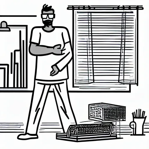 outline, vector, at work, engineer, at bedroom, BREAK
 best quality, 1 boy, black hair, thin, mustache, wear glasses ,oversize t-shirt, bare shoulder, (cleavage), geeker,perspective,looking at viewer,dynamic pose, chill, cool, Cartoon