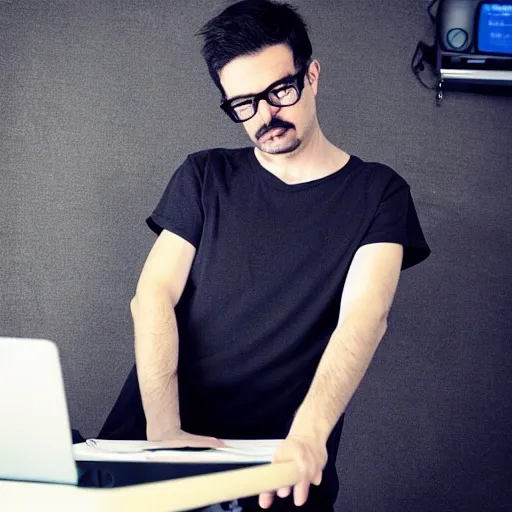  at work, engineer, at bedroom, BREAK
 best quality, 1 boy, black hair, thin, mustache, wear glasses ,oversize t-shirt, bare shoulder, (cleavage), geeker,perspective,looking at viewer,dynamic pose, chill, cool, Trippy