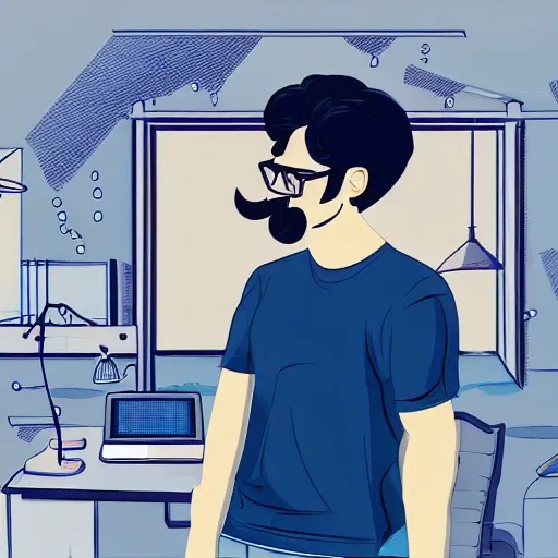  at work, engineer, at bedroom, BREAK
 best quality, 1 boy, black hair, short hair, mustache, wear glasses ,oversize t-shirt, bare shoulder, (cleavage), geeker,perspective,looking at viewer,dynamic pose, chill, cool, Trippy