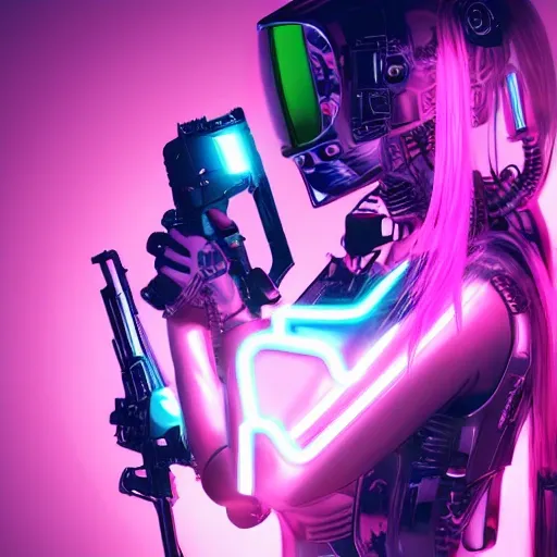 realistic woman cyber punk style with neon pink and blue, roboto arms, short pink hair, holding a blaster gun