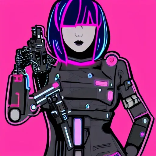 realistic woman cyber punk style with neon pink and blue, roboto arms, short pink hair, holding a blaster gun