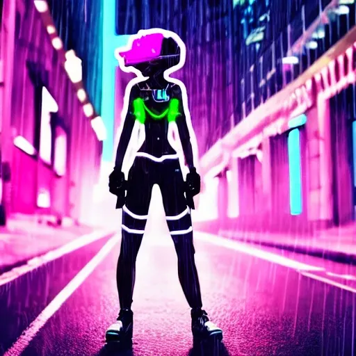 realistic woman cyber punk style with neon pink and blue, roboto arms, short pink hair, holding a blaster gun in a city raining background