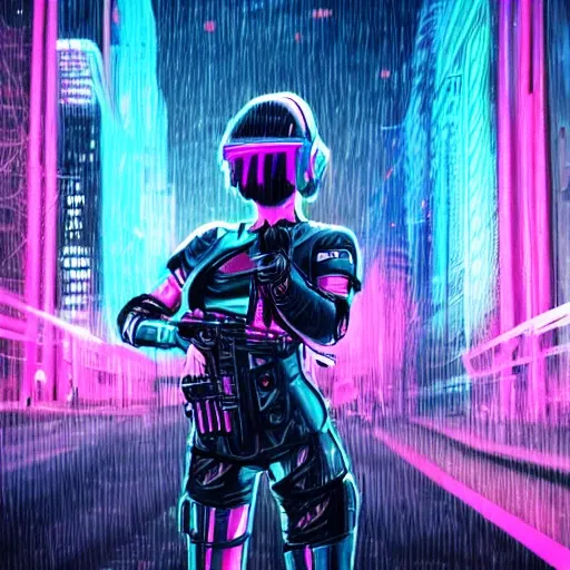 realistic woman cyber punk style with neon pink and blue, roboto arms, short pink hair, holding a blaster gun in a city raining background