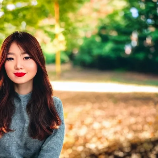 a nice asian yong lady with brown hairs, oval face，small mouth and red lips, with trees and sunshine at background, portrait mode, Cannon, 1.2