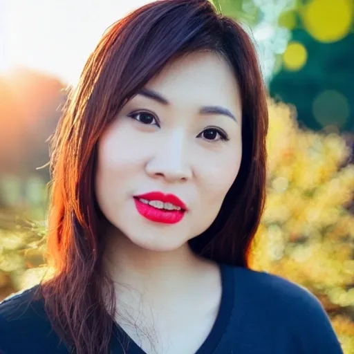 a nice asian yong lady with brown hairs, small oval face，small mouth and red lips, with trees and sunshine at background, portrait mode, Cannon, 1.2