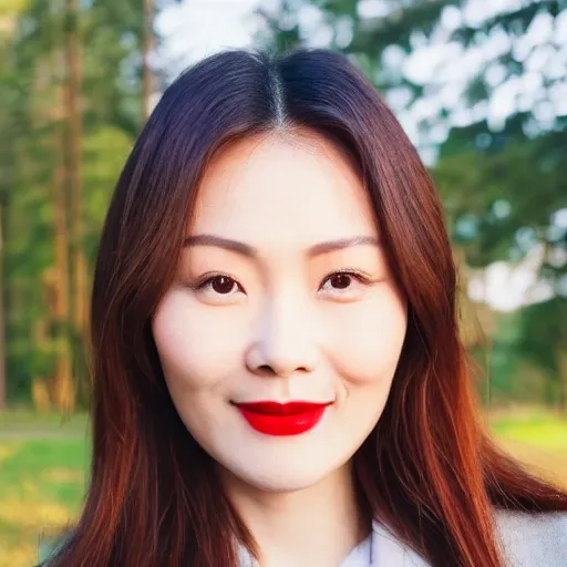 a chinese yong lady with brown hairs, small oval face，small mouth and red lips, with trees and sunshine at background, portrait mode, Cannon, 1.2