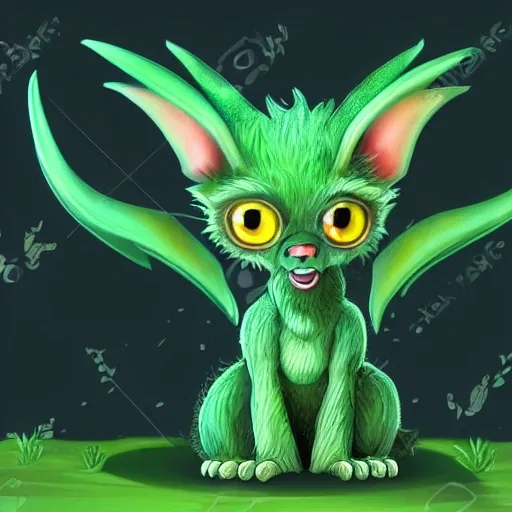 fantasy green animal with great and sharped ears, big eyes, draconic wings, 4 paws, 