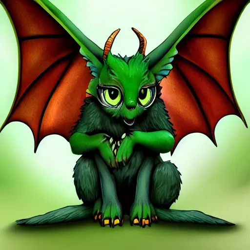 fantasy green animal with great and sharped ears, big eyes, draconic wings, 4 paws, 