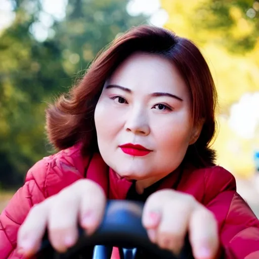 a chinese yong lady with brown hairs, small oval face，small mouth and red lips, riding a bike on the road in an indurstaril zone, portrait mode, Cannon, 1.2